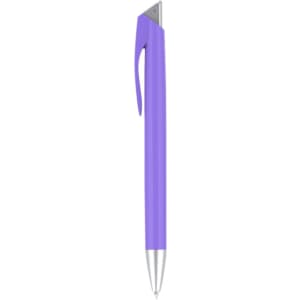A plastic pen in purple with a silver tip and clip, featuring a logo on the body.