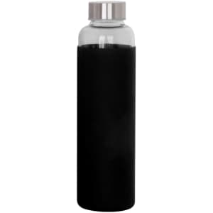 A drink bottle made of glass with a matte black silicone sleeve and stainless steel lid. Features a logo.