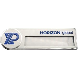 A silver metal name badge with a blue logo, featuring a clear section for displaying names.