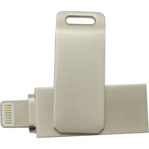 A silver flash drive with a swivel design and a small connector at one end, featuring a logo.