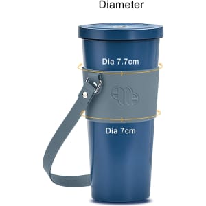 A drink bottle holder in navy blue with a grey strap, featuring a logo and measurements for diameter.