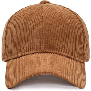 A corduroy baseball cap in a warm brown shade with a curved brim and subtle branding.