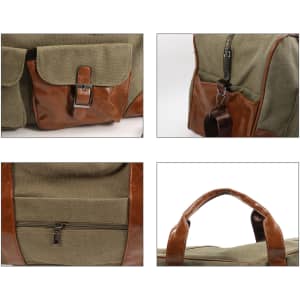 A vintage canvas duffle bag in olive green with brown leather accents and multiple pockets. Features sturdy handles.