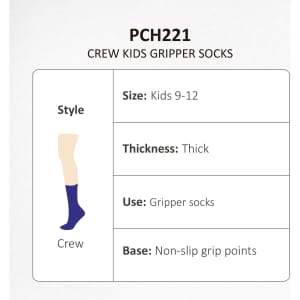 A pair of thick crew socks for kids in navy blue, featuring non-slip grip points and a logo.