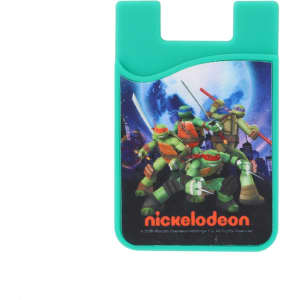 A turquoise phone wallet featuring a graphic of four animated characters against a night cityscape background.
