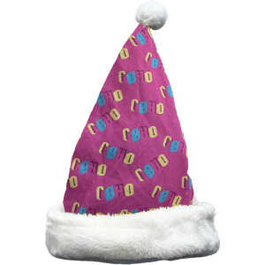 A pink Santa hat with colourful patterns and a white fur trim, featuring a logo.