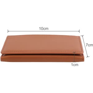 A brown PU magnetic wallet with dimensions of 10cm by 7cm and a thickness of 1cm. It features a sleek design.