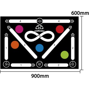 A football training mat in black featuring colourful markings and geometric designs, measuring 900mm x 600mm.