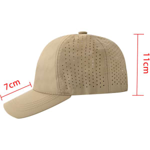 A beige cap with perforated detailing, featuring a curved brim and a button on top. Includes dimensions of 11cm height and 7cm depth.