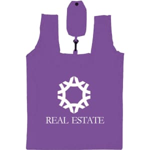 A purple foldable shopping tote bag with a logo. The bag features two handles and a snap closure.