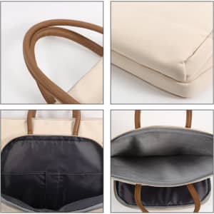 A beige laptop bag with brown PU handles and a zippered outer pocket, featuring a grey interior with compartments.