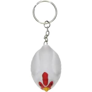 A white rooster stress reliever keyring with red detailing, attached to a metal keychain.