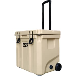 A beige cooler box with wheels and a retractable handle, featuring a logo on the side.