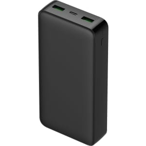 A black 20000mAh power bank with two USB ports and a USB-C port, featuring a sleek, minimalist design.