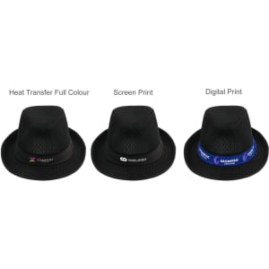 A black mesh breathable top hat featuring different printing options and designs along the band.