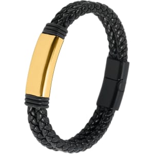 A double-row braided leather bracelet in black with a gold-tone clasp and detailing.