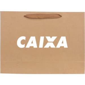 A medium brown paper bag with a fabric flat handle, featuring a logo on the front.