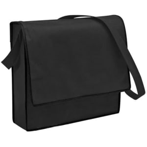 A black non-woven sling bag with a flap closure and an adjustable strap, featuring branding.