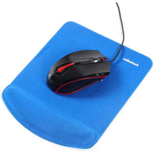 A blue rectangular gel pad with a black gaming mouse resting on it, featuring a curved wrist support and branding.