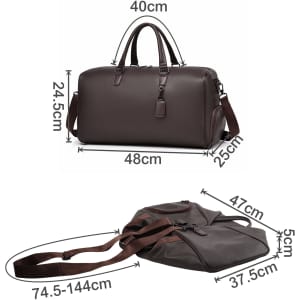 A brown polyurethane duffle bag with dual handles, adjustable shoulder strap, and dimensions provided.
