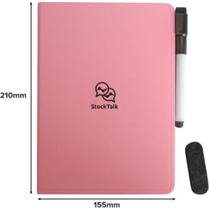 A5 whiteboard notebook in pink, featuring a pen and eraser, with a logo on the cover. Dimensions: 210mm x 155mm.