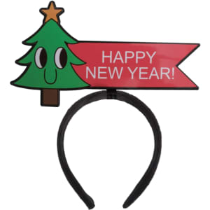 A black headband featuring a cartoon Christmas tree and a red banner with a festive message.