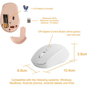A wireless mouse in white with a pink underside, featuring a battery compartment and DPI control button.