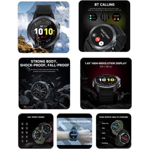 A round black smart watch with a 1.46-inch display, featuring a rugged design and various sport modes.