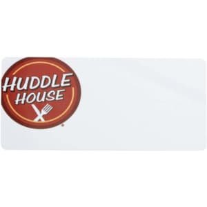 A custom PVC name badge in white with a round logo featuring red and yellow colours.