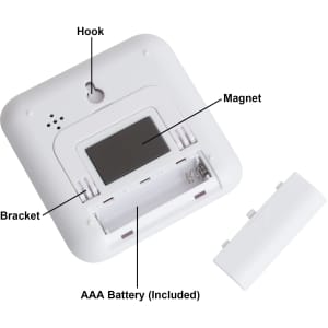 A digital kitchen timer in white featuring a hook, magnet, and bracket, with a compartment for an AAA battery.