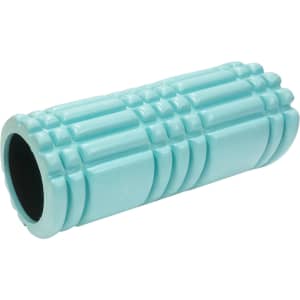A turquoise foam massage roller with a textured surface and a hollow centre, featuring a logo.