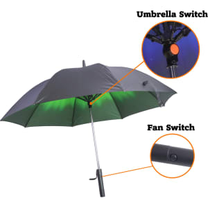 A black and green sports umbrella featuring integrated fan switches on the handle. Includes a logo.