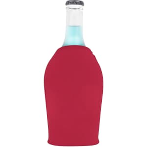A drink bottle in a red cooler with a zipper, designed to keep beverages chilled. It features a logo.