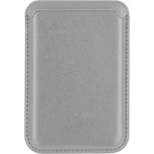 A grey PU magnetic phone card holder with a smooth texture and rounded edges, featuring a logo on the front.