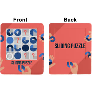 A sliding puzzle featuring a colourful front with geometric designs and a solid red back, showcasing hands holding pieces.