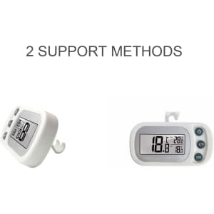 A white ambient thermometer featuring a digital display with two support methods for mounting.