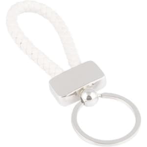 A silver metal keyring tag with a braided white loop. It includes a circular keyring attachment.