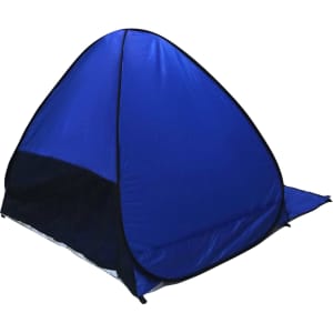 A pop-up beach tent in blue with black trim, featuring a protective mesh entrance.