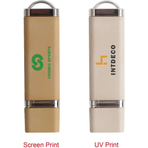 Eco Constellation Flash Drives in beige and cream; features a metal loop for easy attachment. Includes branding on both.