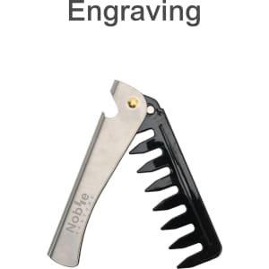 A folding comb with a stainless steel handle and a black comb section, featuring a logo on the handle.