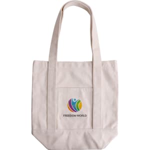A beige heavy-duty cotton tote bag with long handles and a printed logo on the front pocket.