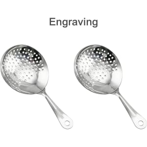Two stainless steel cocktail strainers with a shiny finish and perforated design, featuring a handle for easy use.