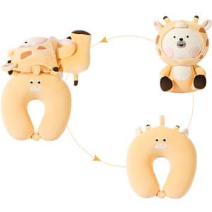 A plush yellow travel pillow shaped like a giraffe, convertible between a pillow and a sitting animal figure, with a cute face.
