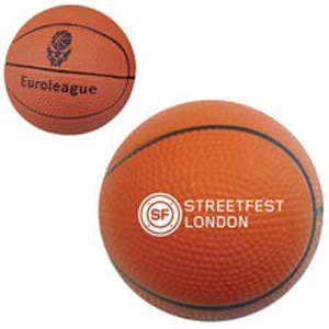 An orange basketball-shaped stress reliever with a textured surface and visible branding on one side.