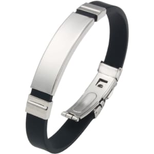 A silver and black folding lock clasp bangle with a sleek metal design and smooth rubber band.