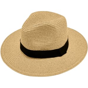 A straw sun hat in a natural beige colour, featuring a wide brim and a black band around the base.