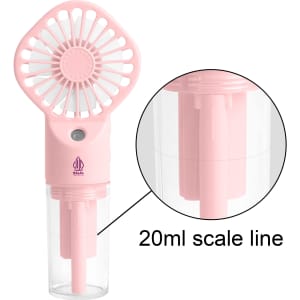 A pink handheld spray fan with a transparent reservoir and a scale line, featuring a logo on the handle.