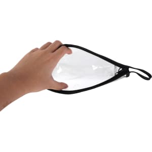 A PVC cosmetic bag with a transparent body and a black zipper, being held by a hand.