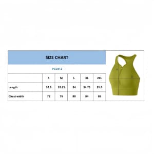 A size chart for a women's zip-front racerback yoga crop bra tank in green, displaying dimensions for various sizes.
