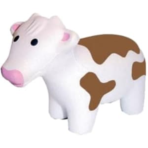 A white and brown cow-shaped stress reliever with a friendly expression. The product has a simple design and a logo.